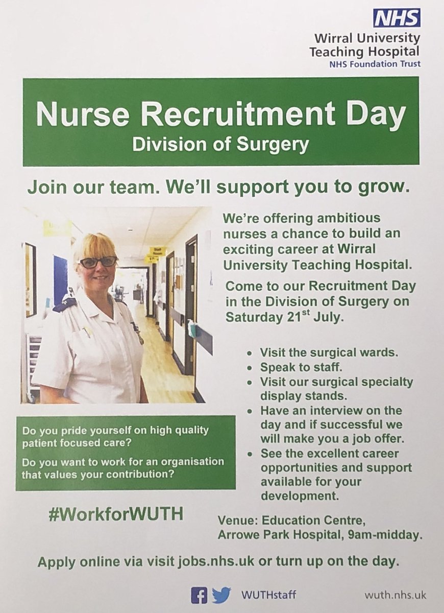 Come to #ArrowePark for #Nurse #Recruitment day - 21st July. A one stop shop for a career in the Division of Surgery. Come and meet the team #Matrons #WardSisters #SpecialistNurses who will be more than happy to show you the division and interview interested applicants on the day