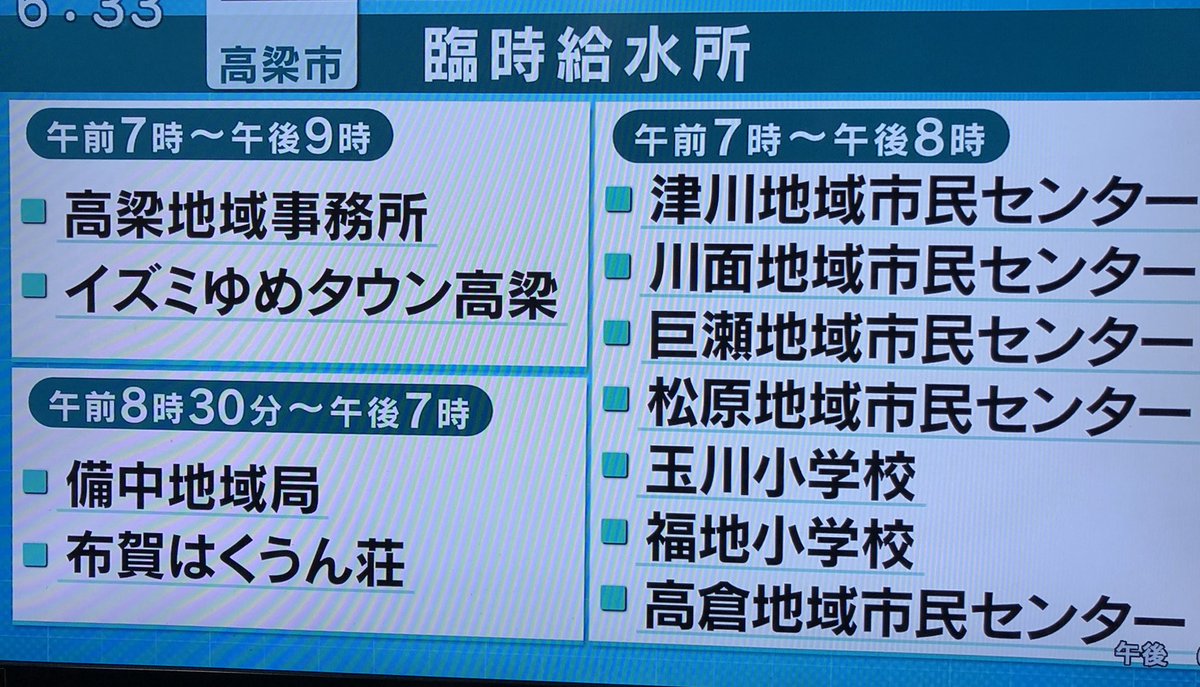 m1238s's tweet photo. 被災者はテレビは観れません
#岡山県内給水所 #拡散

#真備給水所 #高梁給水所 #矢掛給水所 #新見給水所

真備は、このあと順次30箇所設置予定です
時間制限あるので、少しでも多くの拡散、ご協力お願い致します https://t.co/Ssb1XXsYs6