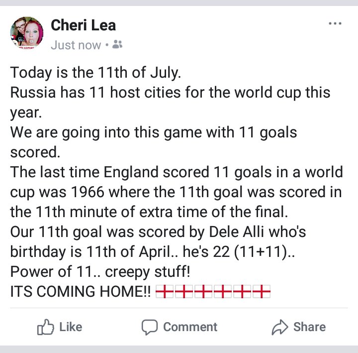 CheriWignall's tweet photo. #ItsComingHome #Eng #ENGCRO #FifaWorldCup18 #WorldCup #WorldCup2018 #powerof11 #delealli #creepy https://t.co/14iNBoqbrf