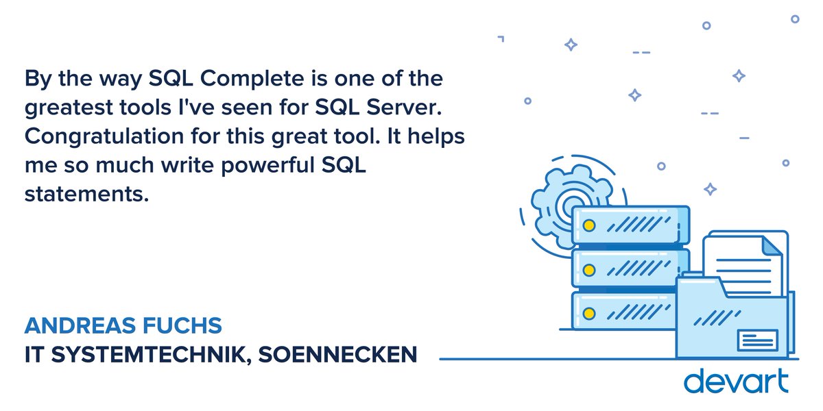 DevartSoftware's tweet image. Here’s what our customers say. Check all the testimonials on dbForge #SQLComplete and share your experience 💬 buff.ly/2NBU8Lv #SQLServer