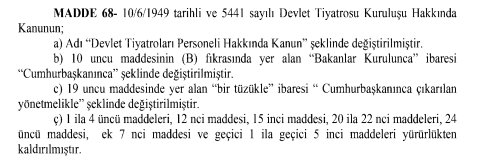 Devlet Tiyatroları’nın kapatıldığı iddiaları doğru değil.

703 sayılı KHK’ya göre Devlet Tiyatroları’nın yönetim ve ödeneğiyle ilgili kararlar Cumhurbaşkanlığı’na bağlandı.

resmigazete.gov.tr/eskiler/2018/0…

<a href="/cumhuriyetgzt/">Cumhuriyet</a> <a href="/t24comtr/">T24</a>