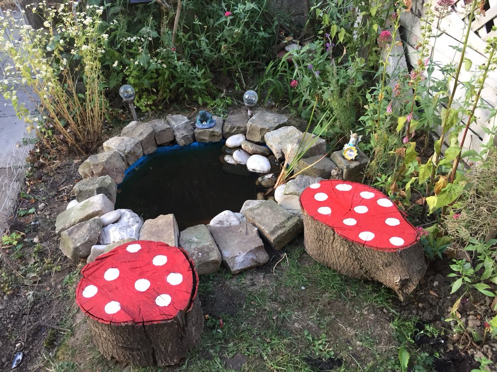 Gemmanixon8's tweet image. We are still working on our little pond creation for our wildlife garden at home. I’ve created some little toadstool fairy tree stumps for my two nature loving kids to sit and watch, observe and draw the wildlife that visits our garden x so excited to see what turns up 🐞🐝🐸