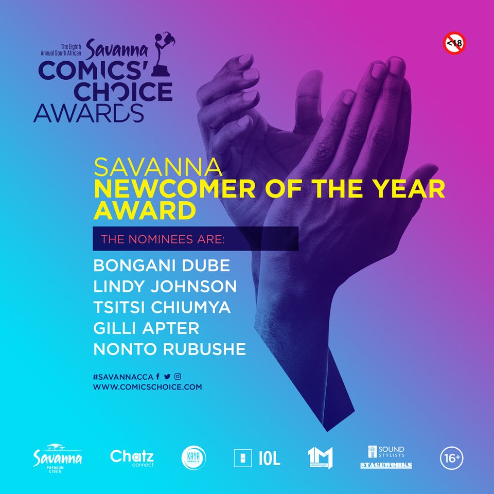 Comics_Choice's tweet photo. The Savanna Newcomer of the Year Award looks to the future of comedy - and the nominees are @mrBDube @Lindyyay @TsitsiChiumya
@gillog and Nonto Rubushe #SavannaCCA https://t.co/TMppvlLczx
