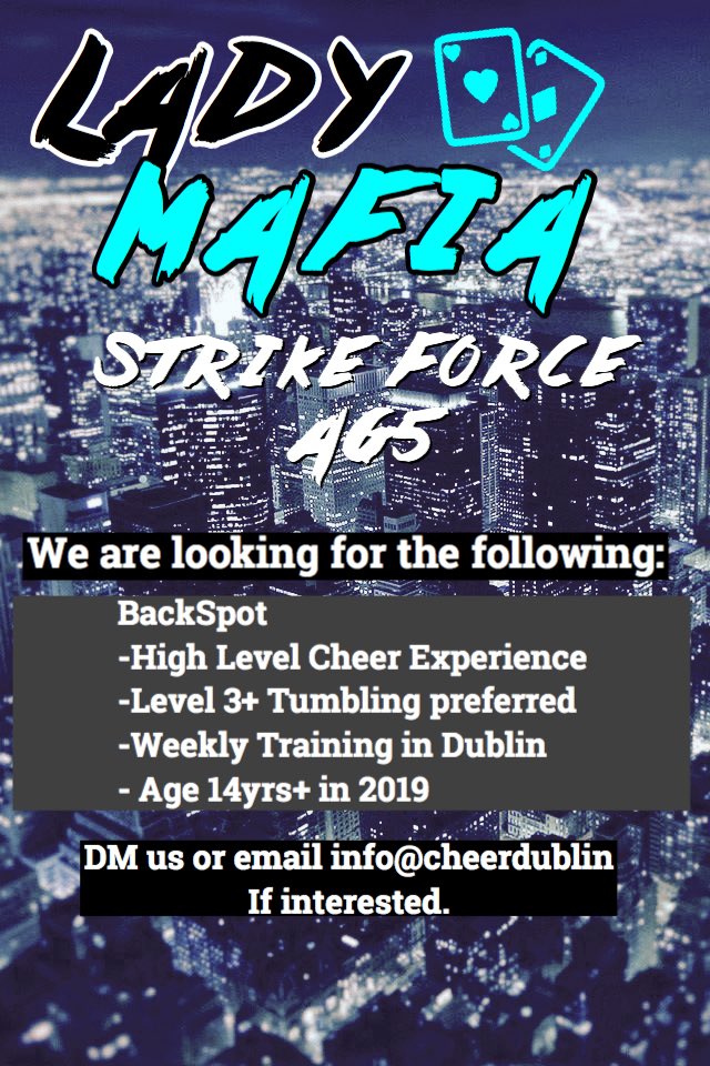StrikeForceIE's tweet photo. Recruiting High Calibre Athlete for Lady Mafia...do you have the qualities it takes to join the SF Program...if so, send us a message! ๐ฎ๐ช๐โจ #StrikeForceCheer @ShannonOReillyx @haydenmcgurk https://t.co/cpGxeP4PoD