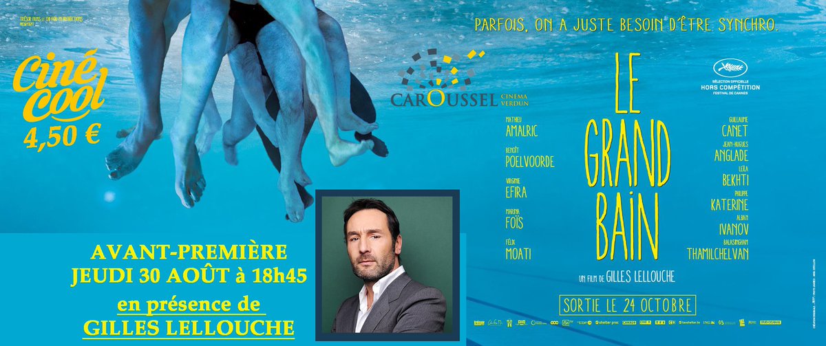 Il est temps de se jeter à l'eau et de plonger dans LE GRAND BAIN !
#legrandbain #cinecool #cinema #gilleslellouche #avantpremiere 
Pour réserver, c'est par ici : ticketingcine.fr/?s=MS000419000… …