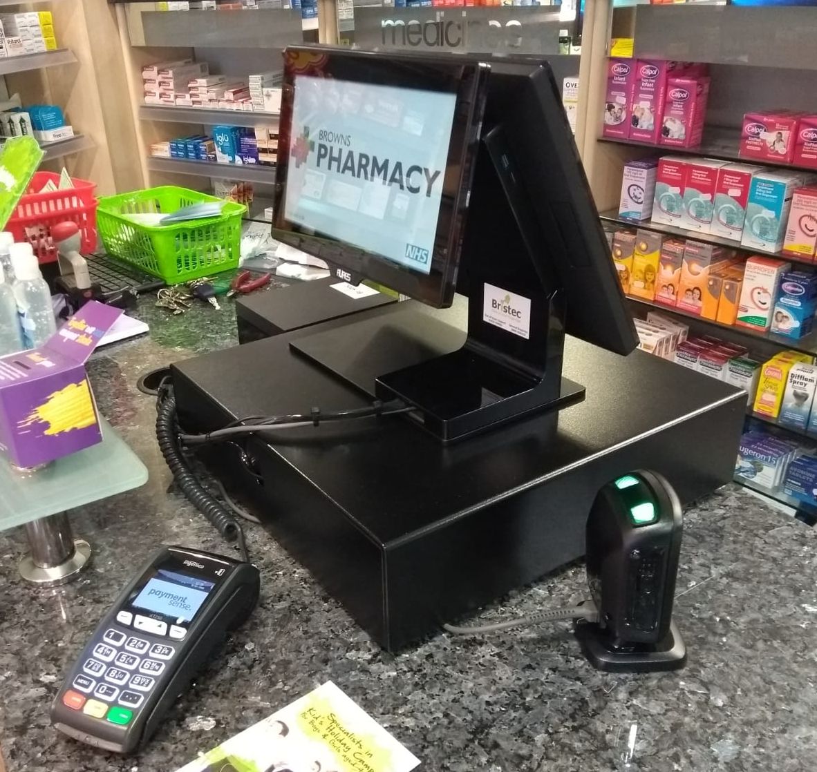 bristec's tweet image. Aures Yuno with rear screen, MedEpos software and Paymentsence card terminals installed into W M Brown Leicestershire #epos #pharmacy @AURES_uk @Paymentsense