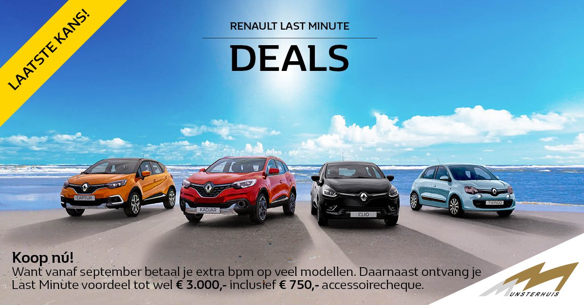 Het zijn de Last Minute Deals bij Munsterhuis! Nu tot wel € 3.000,- Last Minute voordeel inclusief een accessoirecheque van € 750,-. Bekijk het artikel en je favoriete model hieronder. munsterhuisrenault.nl/nieuws/last-mi…