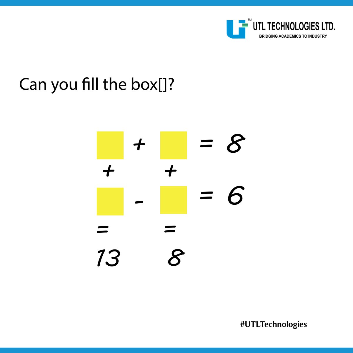 UTLTechnologies's tweet photo. Challenge your friend for a puzzle.
#UTLtechnologies #puzzle #Riddle #PMKVY #PMKK #mathspuzzle https://t.co/kN9dsfMN9Z