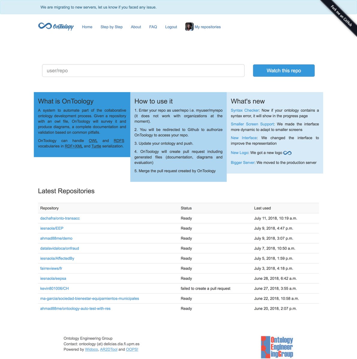 MariaPovedaV's tweet photo. So happy to see the dates of the latest active repositories log in @OnToology 😊👏👏 cc @oeg_upm https://t.co/nkQ58sjlHw