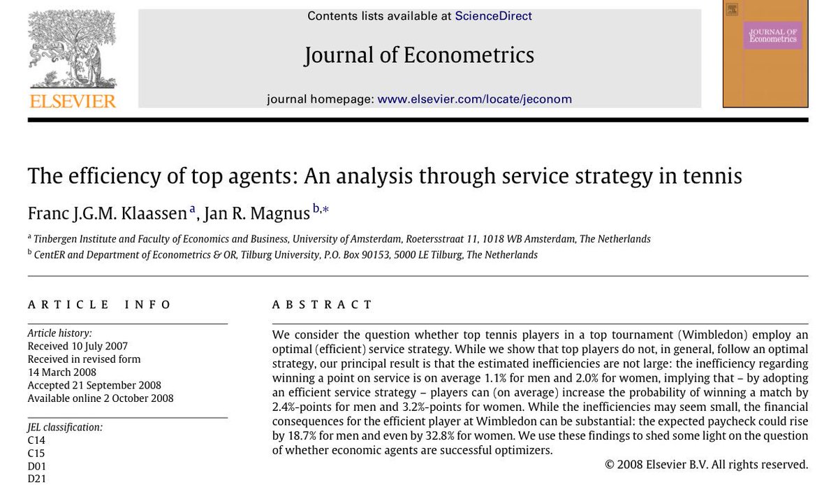 Are tennis players too conservative on their second serve? Klaassen & Magnus (2009) found that professional players are quite good at taking the right amount of risk on first and second serve. https://www.sciencedirect.com/science/article/pii/S0304407608001644