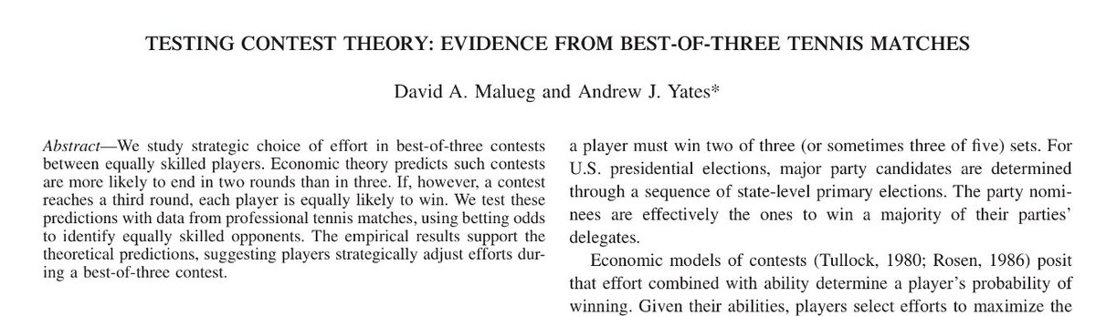 Do tennis players allocate their effort well in a match?In best-of-3 matches, players ahead should increase effort relative to players behind as they are closer from victory.Malueg & Yates found results compatible with this prediction (N=351 matches). https://www.mitpressjournals.org/doi/abs/10.1162/rest_a_00021