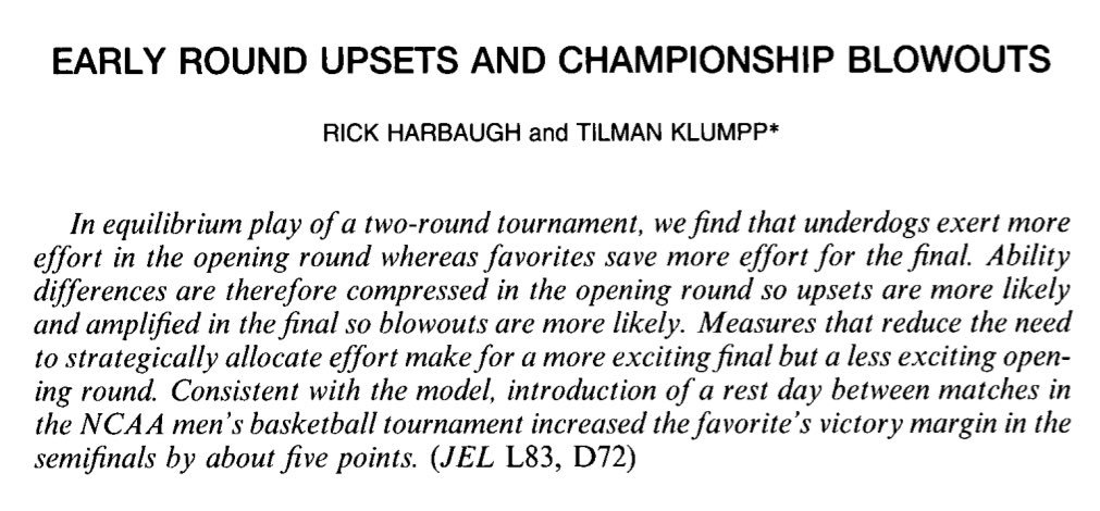 Finally, have you ever wondered why favourites seem to surprisingly struggle against weak opponents in the first week of Grand Slam tournaments?It is optimal for them to save energy for later rounds. The cost is a higher risk of upsets in early rounds. https://onlinelibrary.wiley.com/doi/abs/10.1093/ei/cbi021
