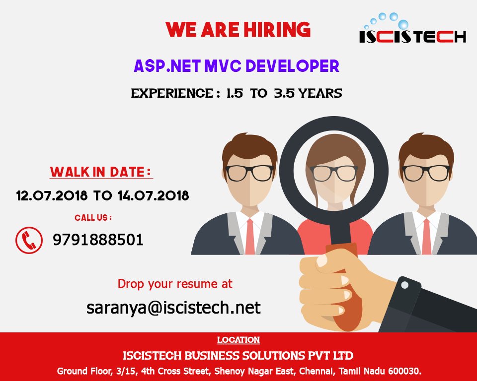iscistech's tweet image. Urgent requirement for Asp.net mvc developer
#DOTNETmvcDeveloper #JobsinChennai #MVCDeveloper #DOTNETDeveloper #ISCISTECH