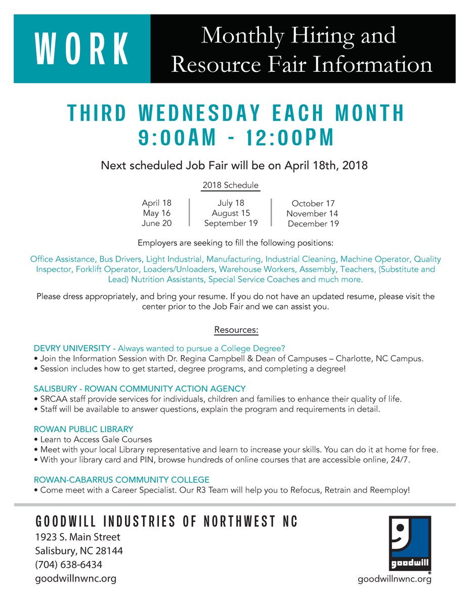 1 week til monthly Hiring &amp; Resource Fair at Goodwill Career Connections in #SalisburyNC w/ multiple employers, education partners &amp; community agencies. Call us ASAP for help creating a resume, improving job interview skills &amp; more: 704-638-6434 <a href="/RCCCedu/">Rowan-Cabarrus CC</a> @RPL_Adults