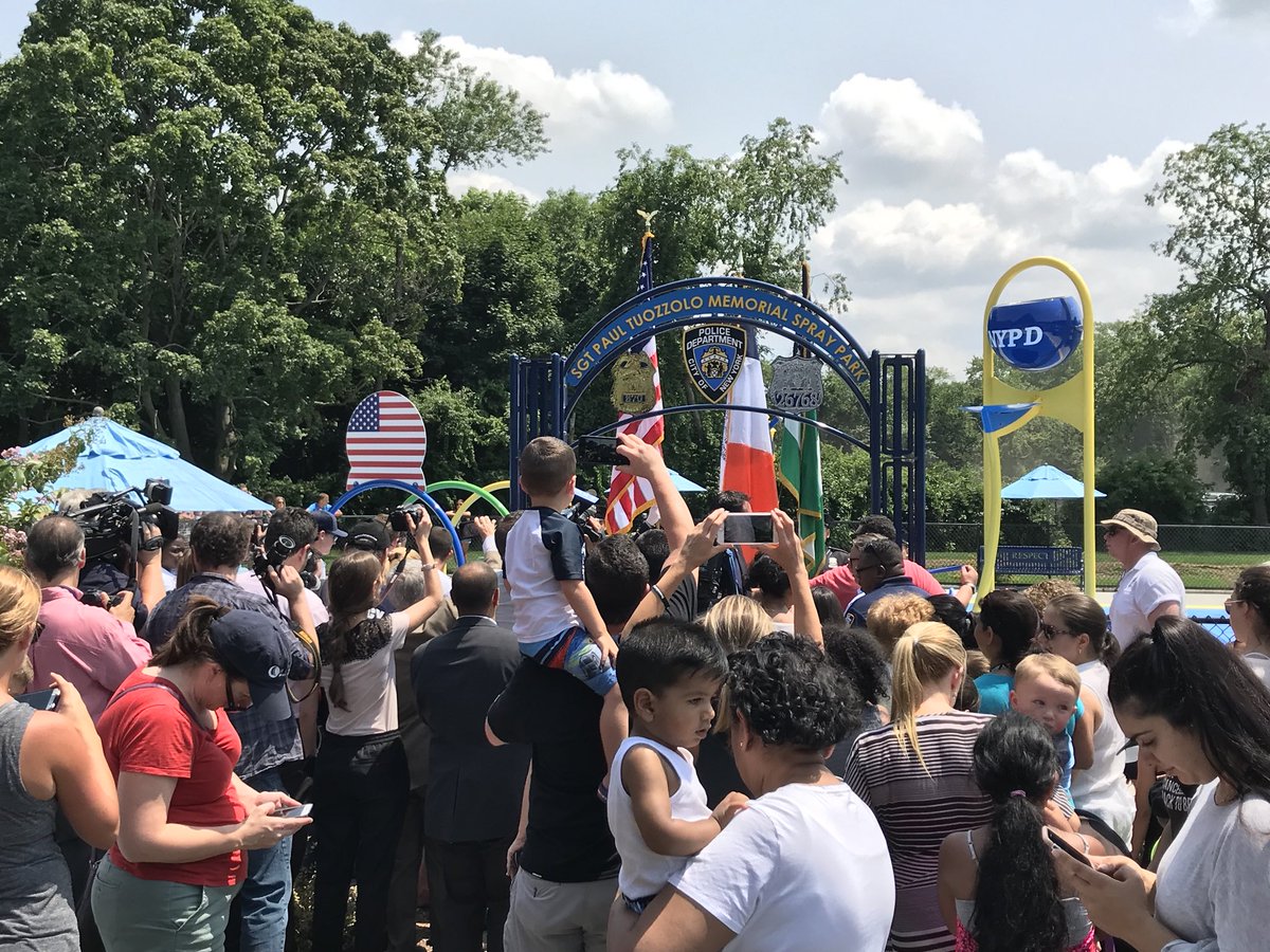 NYPDChiefPatrol's tweet photo. Huntington, Long Island, resident and @NYPD43Pct Sergeant Paul Tuozzolo was killed in the line of duty in Nov. 2016 in the #Bronx. Today his hometown dedicated a spray park in his name.

#neverforget https://t.co/Z2CmDw4t5E