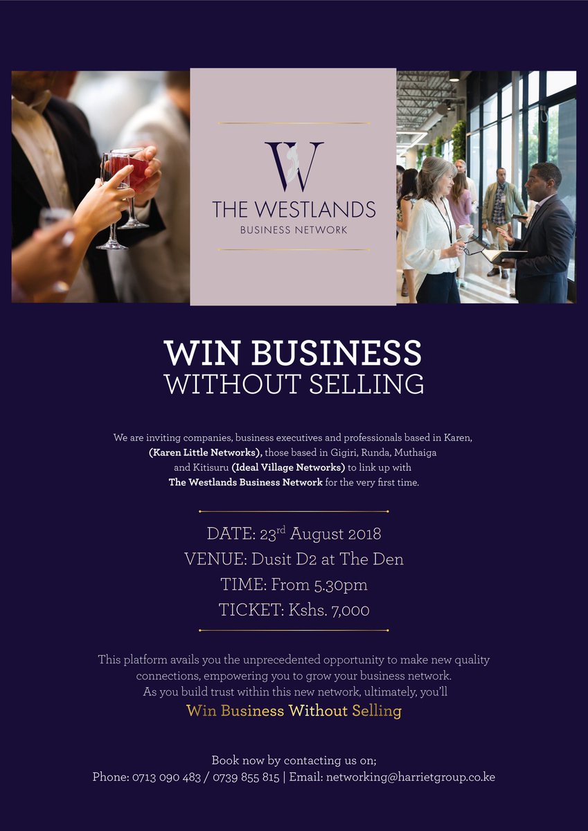 NetworkingKE's tweet image. This platform avails you the unprecedented opportunity to make new quality #connections, empowering you to grow your #businessnetwork. As you build trust with this new network, ultimately, you'll win business without selling. 
Reservations: networking@harrietgroup.co.ke