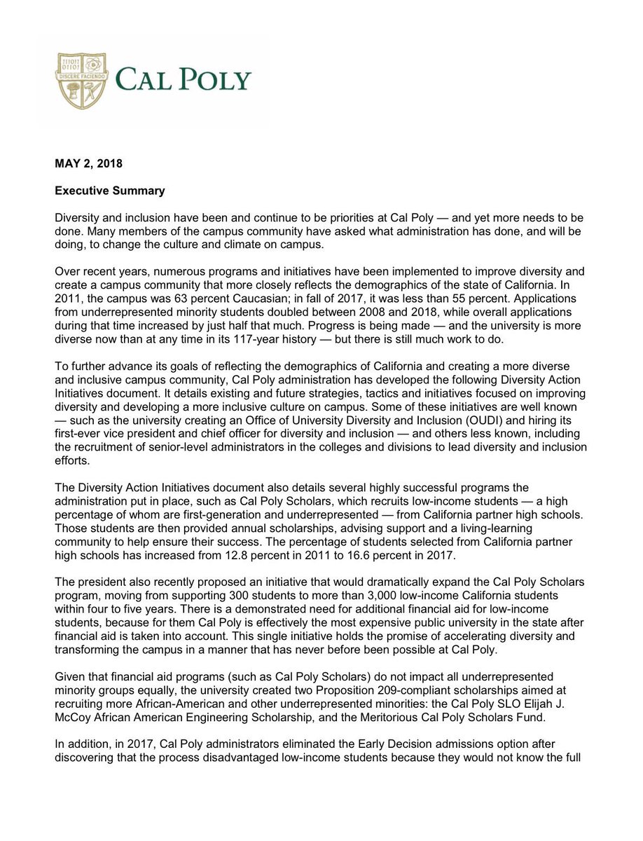 NotYetBalding's tweet photo. Cal Poly is seeking to cut number of white students. "In 2011, the campus was 63 percent Caucasian; in fall of 2017, it was less than 55 percent. - but there is still much work to do." With over 77% of our population considered Caucasian when does it go too far? @jordanbpeterson https://t.co/bMoL0gv6n4