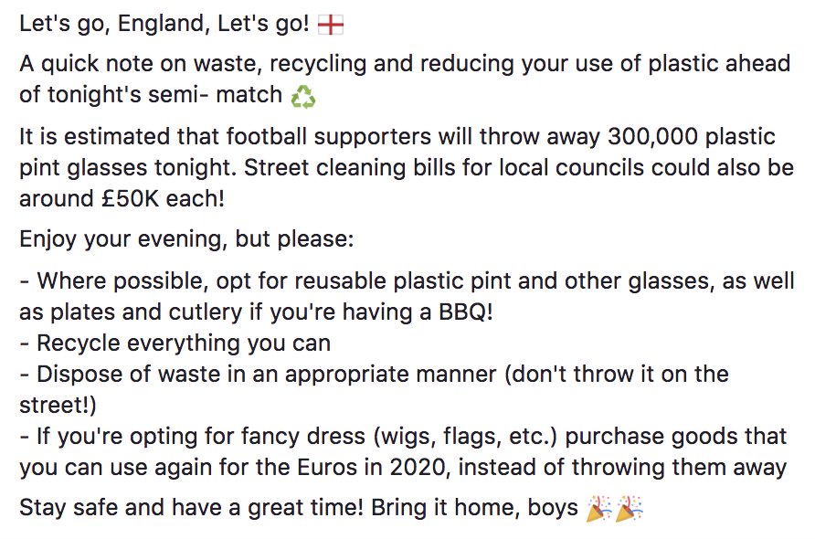 SuttonCouncil's tweet photo. A quick note regarding plastics, waste and recycling ahead of tonight's semi-final match! Let's bring it home, boys 🏴#WorldCup #CROENG #LondonRecycles #SuttonRecycles #UseLessPlastic @VeoliaUK https://t.co/XNUcMZG7y6