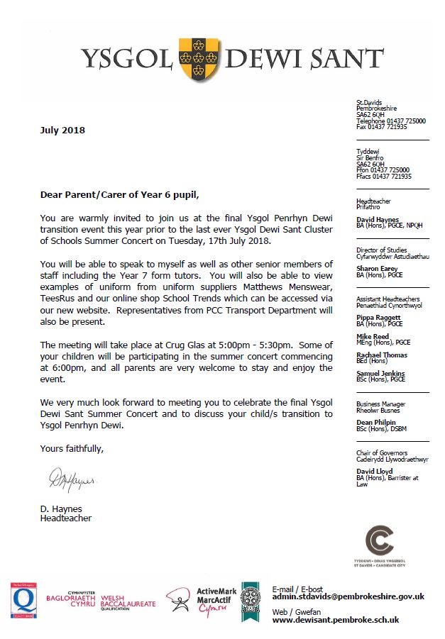 Please see letter of invitation to Parents/Carers of Year 6 for the last transition event for pupils starting @Penrhyndewi in September.  This coincides with <a href="/YDSStDavids/">Ysgol Dewi Sant</a> last ever Summer Concert on Tuesday, 17th July 2018.