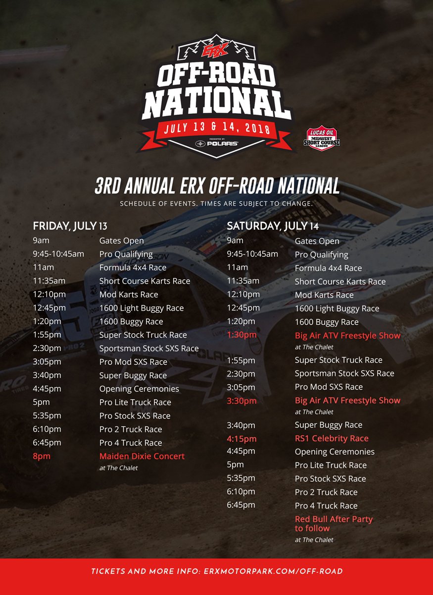 Schedule of events for this weekend's 3rd Annual ERX Off-Road National presented by <a href="/PolarisORV/">Polaris Off-Road</a>. #ERXoffroad #ThisIsShortCourse @MWShortCourse