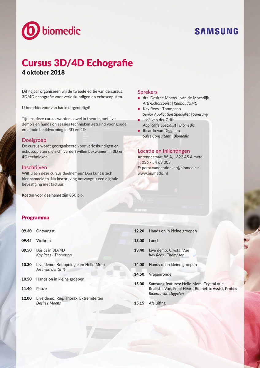 We hebben nog een paar deelnemersplaatsen vrij voor de cursus 3D/4D Echografie op 4 okt a.s. Inschrijven kan nog net! biomedic.nl/agenda/cursus-…