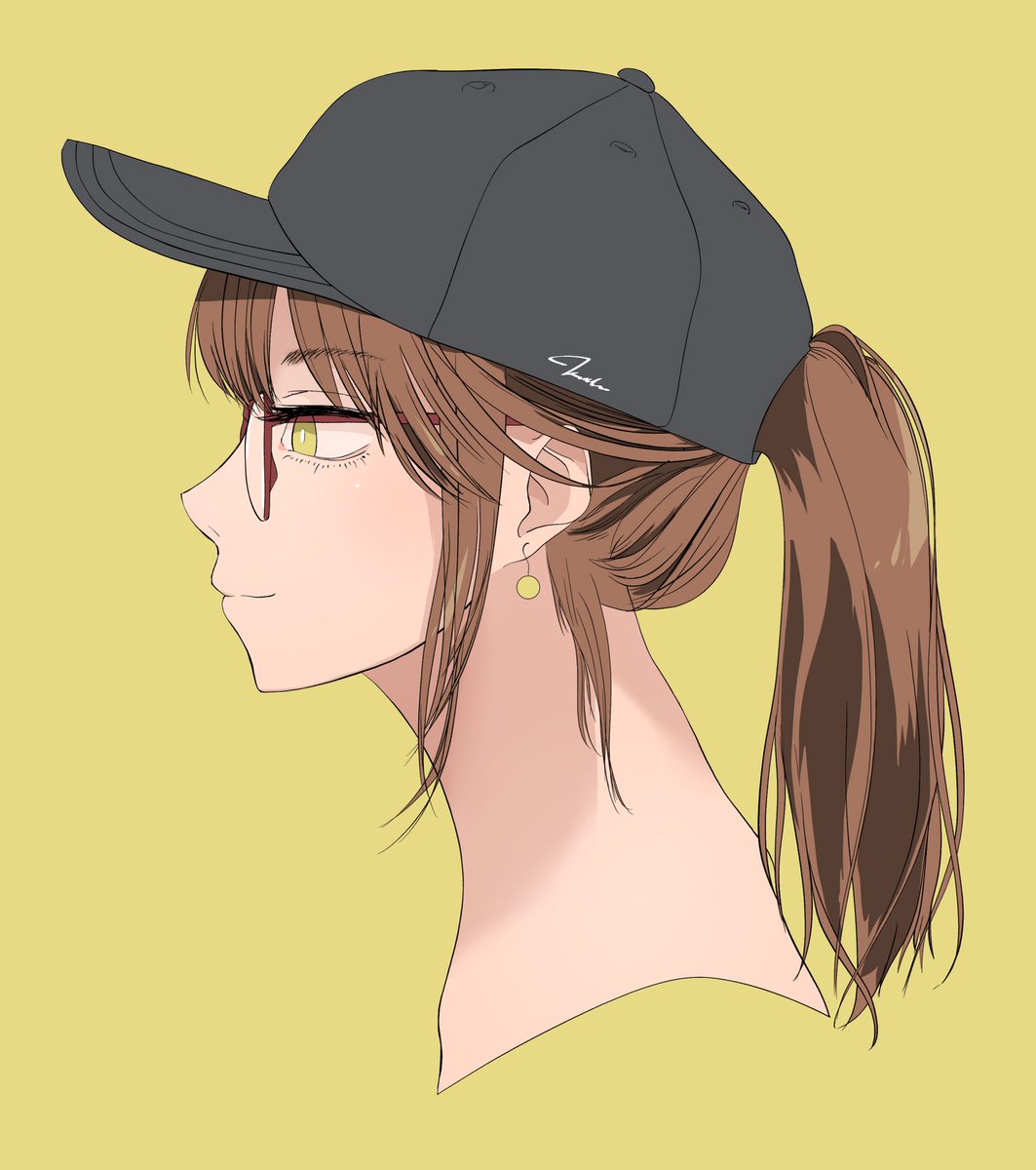 1girl solo hat jewelry earrings brown hair ponytail  illustration images