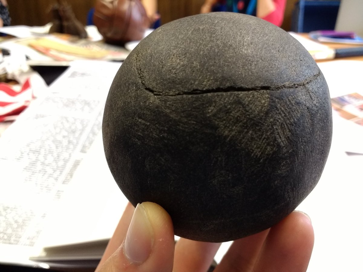 ExplorARdigital's tweet photo. A potshare bowling ball, made of stone @Discovery_Mus The game was popular among miners until the 1930s, when magistrates clamped down on it due to large crowds and unruly behaviour #FuseCon18 https://t.co/5hyJyDpZFj