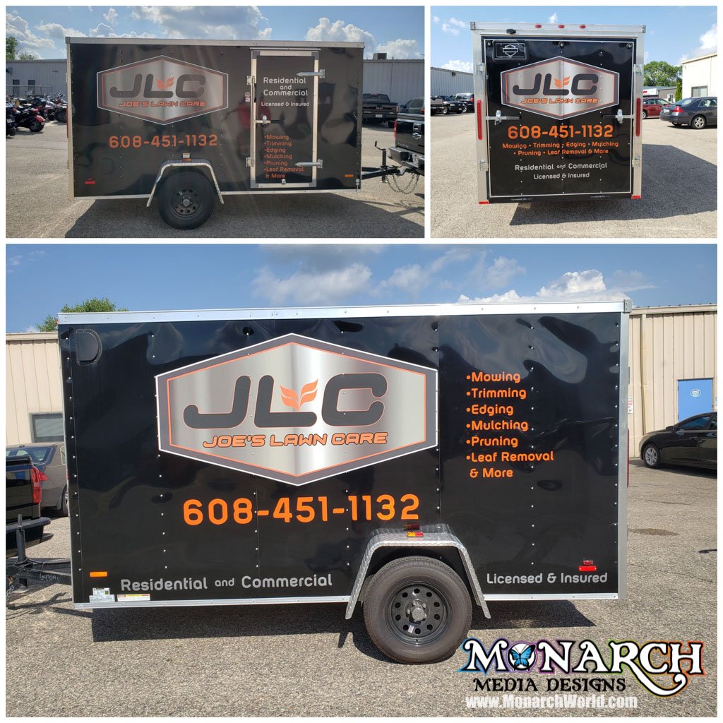 monarchmadison's tweet image. Some sweet-looking orange &amp;amp; silver full-color logos on black for this Joe's Lawn Care trailer! Thanks for giving us the opportunity to get your brand moving! 👊🧡🖤👉Learn More: monarchworld.com/trailer-graphi… #monarchwrapstars #trailergraphics #vehiclegraphics #vinylgraphics