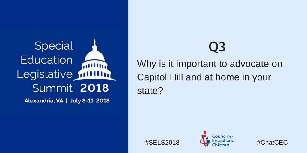 CECMembership's tweet photo. Q3: Why is it important to advocate on Capitol Hill and at home in your state? #ChatCEC #SELS2018 https://t.co/51JTGgUu9c