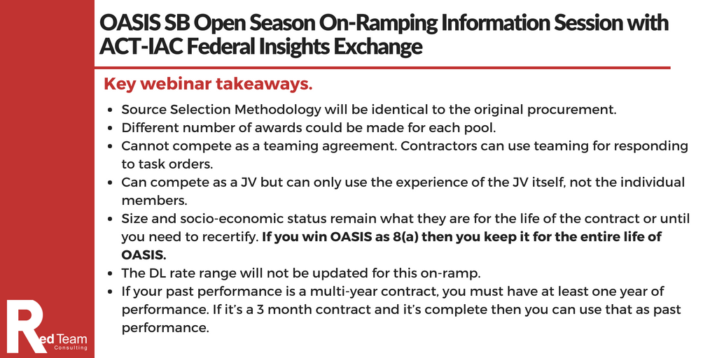 Yesterday, our BD Manager <a href="/Blake_Harvey_/">Blake Harvey</a> attended an OASIS webinar hosted by <a href="/USGSA/">GSA</a>. Check out his top takeaways from the information session on the upcoming Open Season On-Ramping for #OASIS SB. #GSA #GovCon