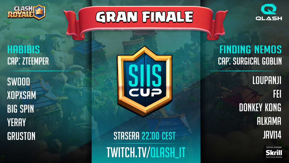 ClashRoyaleIT's tweet photo. FINALISSIMA della #SusCup2!
Stasera, alle 22:00, sul canale Twitch del @TeamQLASH: https://t.co/60biDDtGTV
HABIBIS: @zTeempeer @yerabuso @Swood_CR @xopxsam @BigSpinCR @GrustonCR
FINDING NEMOS: @SurgicalGoblin @loupanji @FeiiCr @DonkeyKong_CR @AlkamaClash @Javi14__ https://t.co/pW7pu8Y1To