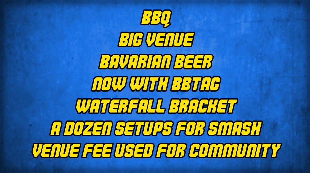 MunichSmash's tweet photo. The highly anticipated #MSA2 is right around the corner and we would like to compile some the benefits competitors will have at our event! Some more include: a nearby parking lot, Döner/Pizza and a supermarket in walking distance.
Register now to profit :D https://t.co/SSFjBb9ekh https://t.co/aCQN2l787t