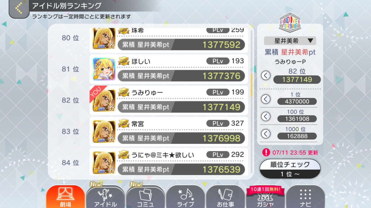 um1ryuP's tweet image. イベントお疲れ様でした！
初めての１００位挑戦でしたが、ブスラムのみんなやラウンジの方々と一緒に駆け抜けることが出来ました！１周年おめでとう！