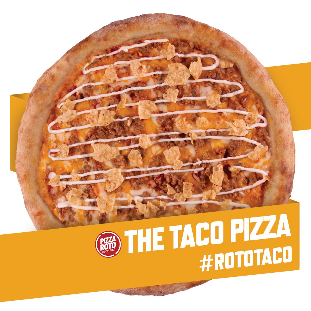 PizzaRoto's tweet photo. The Taco Pizza is new at Pizza Roto. Start with a Roto crust and top it with Chunky Salsa, Shredded Mozzarella Blend, Cheddar Cheese, Seasoned Ground Beef, a Sour Cream Drizzle and Crumbled Tortilla Chips. It’s only here for a limited time and only at Pizza Roto. #rototaco https://t.co/u5HHEUB6ze
