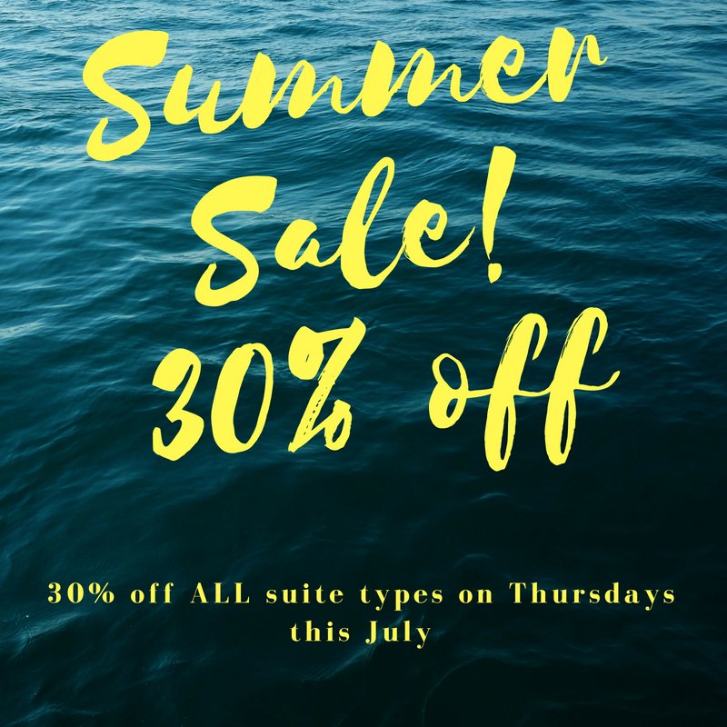Summer Sale ya'll!! 
30% off ALL suites types for Thursdays this July! 
Come enjoy the joys of summer in downtown Halifax :) 
Call or book online at ow.ly/CN4f30kU8ms