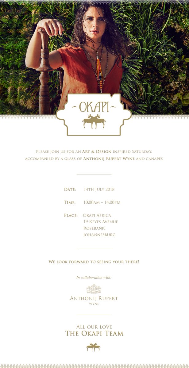 Join us at the Okapi flagship at the <a href="/keyesartmile/">KEYES ART MILE</a> this Saturday as we host <a href="/AnthonijRupert/">Anthonij Rupert Wyne</a> Wyne from 10:00 - 14:00!