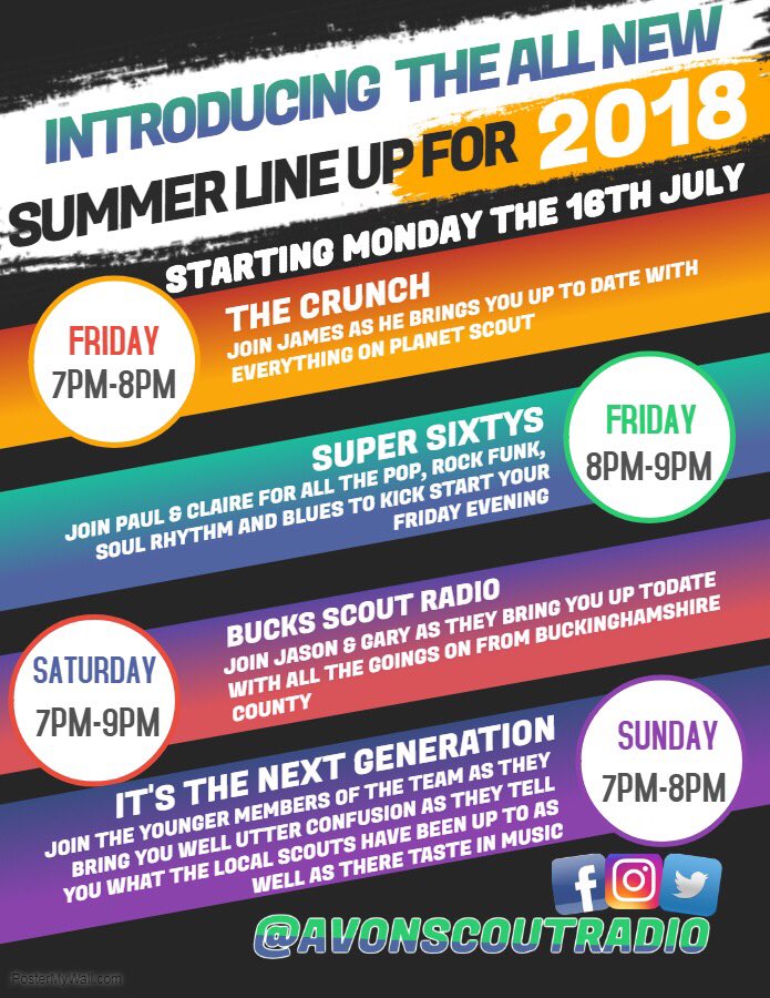 avonscoutradio's tweet image. Presenting the all new schedule to liven up your week. Music from all decades and coverage of all your favourite Scouting events. Join the Avon Scout Radio team every day from 7pm!