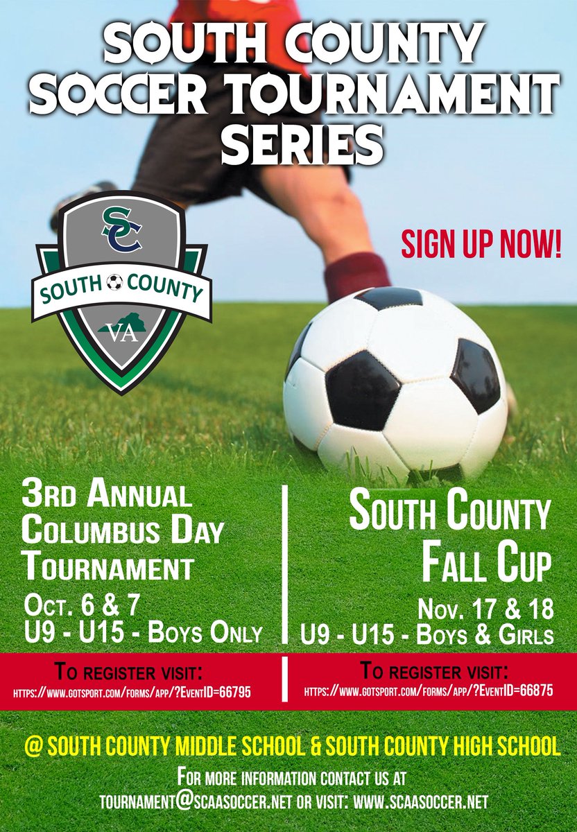 South County Soccer
Columbus Day Tournament

Registration is Open!

Register @

gotsport.com/forms/app/?Eve…