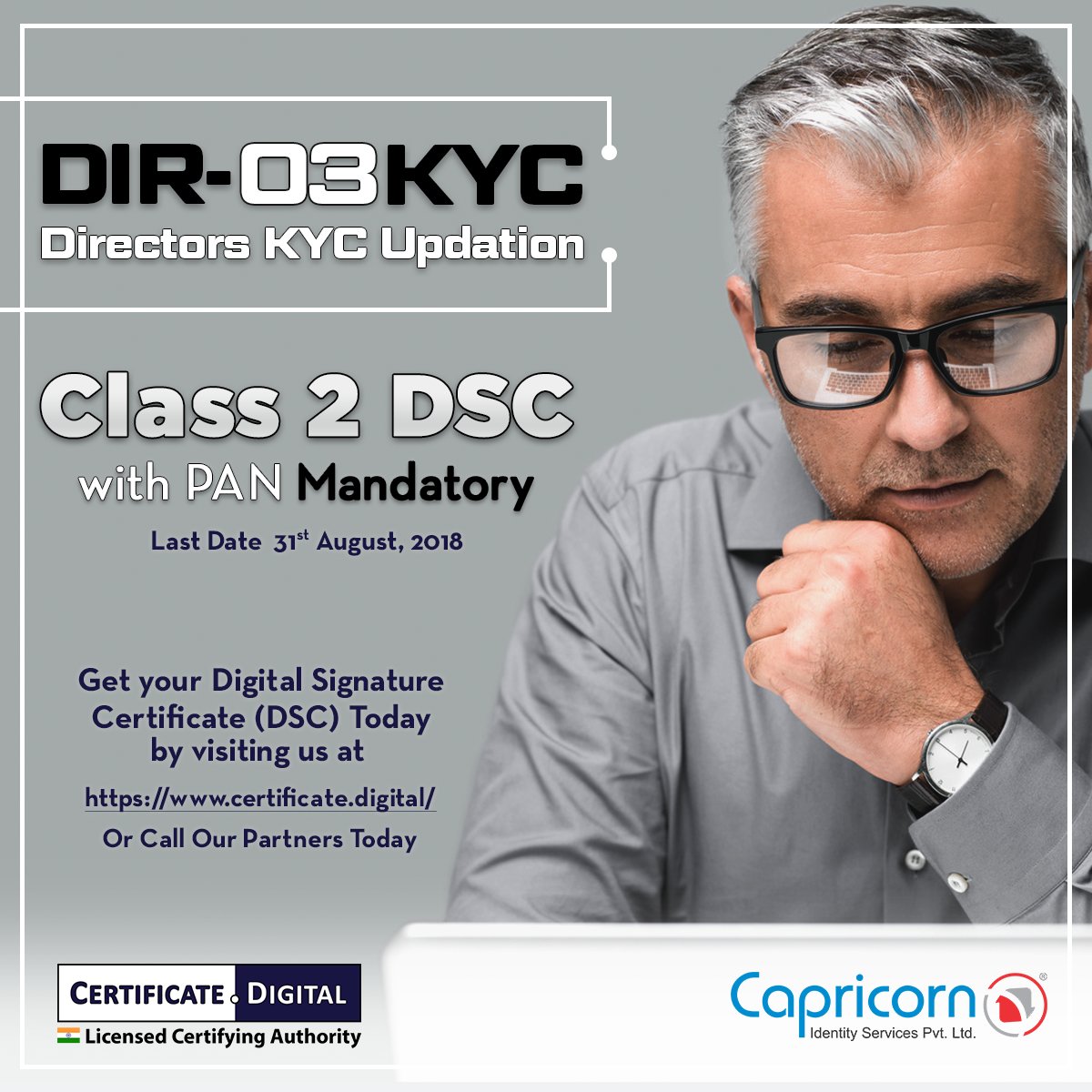 CertDigi's tweet photo. !!! VERY IMPORTANT !!

It is mandatory to file DIR-03KYC for ALL 'Approved' Director Identification Number (DIN) by 31st August, 2018 to avoid penalty. To file you need a Class 2 DSC.  Visit us at https://t.co/cWoQtOK36V to buy online.

#DIR3KYC #DIR03KYC #DIR-03KYC #DIR-03-KYC https://t.co/McOjAPVeQU