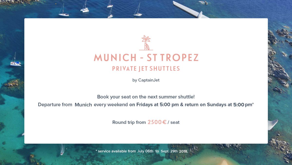 CaptainJetHQ's tweet photo. Let's fly to #StTropez! Our #PrivateJetShuttle is now leaving #Munich. π©οΈ
Click here to book your seat https://t.co/HRN9XejlHM βοΈ
#OnlyCaptainJet #SummerShuttles #Summer #Travel #PrivateJet #EnjoyLife https://t.co/baaMb3qpQv