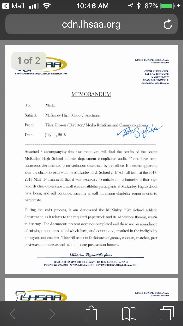 FambroughAdv's tweet photo. This just in: McKinley fined $41,968.14 by LHSAA for violations. Must forfeit Division I Runner-up finishes in girls basketball 2017-18, banned from post season two years all sports, unnamed coaches suspended one year #LHSAA @AdvocateSports https://t.co/g34HeO5zkV