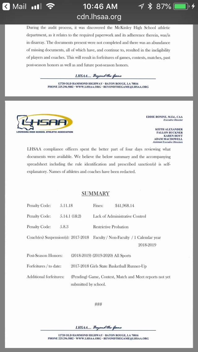 . (@fambroughadv) on Twitter photo This just in: McKinley fined $41,968.14 by LHSAA for violations. Must forfeit Division I Runner-up finishes in girls basketball 2017-18, banned from post season two years all sports, unnamed coaches suspended one year #LHSAA <a href="/AdvocateSports/">The Advocate Sports</a> This just in: McKinley fined $41,968.14 by LHSAA for violations. Must forfeit Division I Runner-up finishes in girls basketball 2017-18, banned from post season two years all sports, unnamed coaches suspended one year #LHSAA <a href="/AdvocateSports/">The Advocate Sports</a>