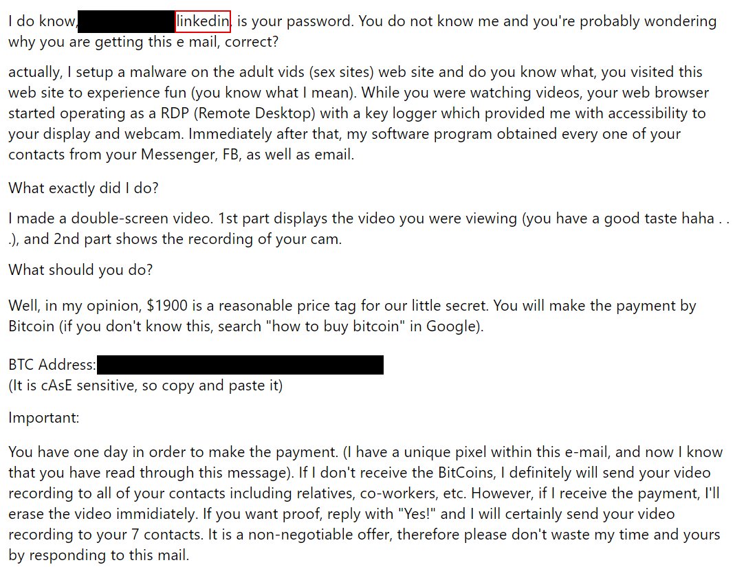 logicbox's tweet image. Received this "great" scam email, which included a password from which I was able to identify where the data came from (the 2012 LinkedIn data leak). Hope ppl aren't actually falling for this crap! Thanks again @LinkedIn