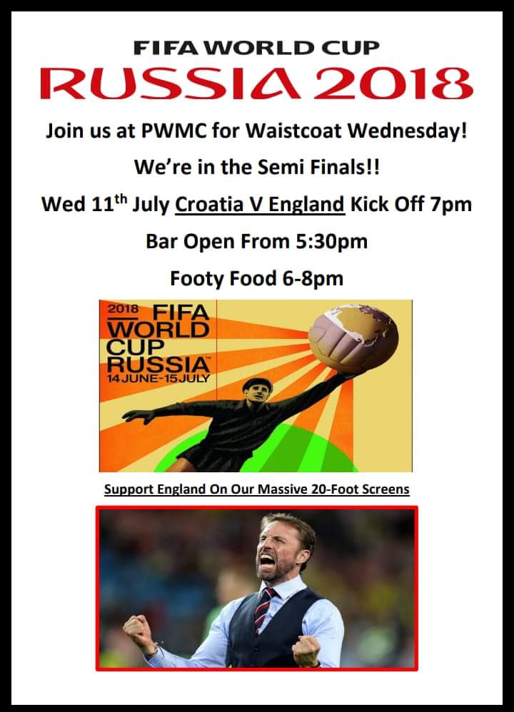 We have made it to the Semi-finals and the England squad are doing an amazing job! 
Come &amp; cheer England on with us tonight ⚽🏆⚽🏆⚽🏆⚽

Bar open from 5:30pm 
Food available 6pm-8pm