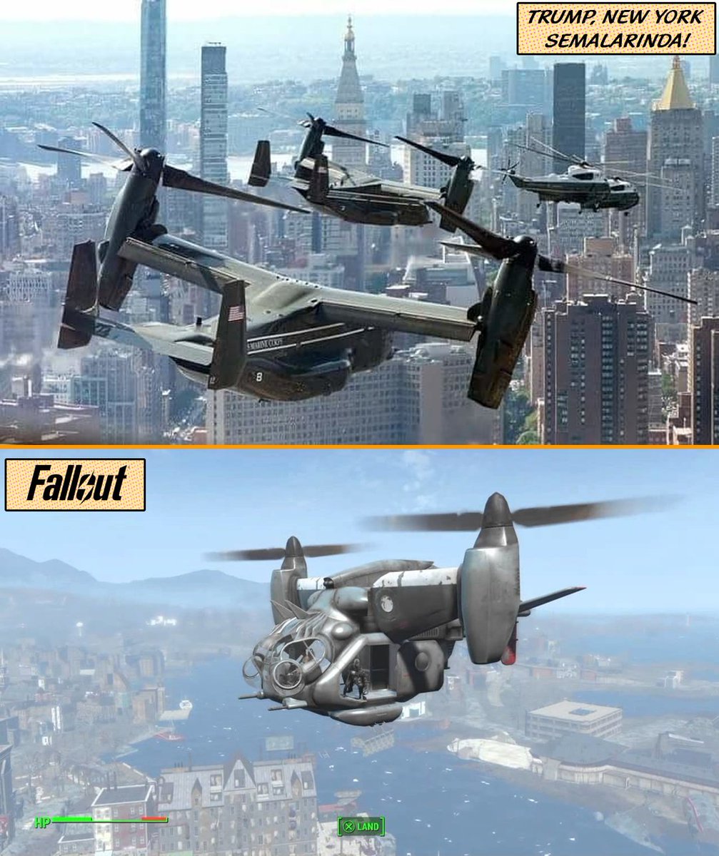 frpnet's tweet photo. Fallout, gitgide gerรงek oluyor. Vertibirdler New York semalarฤฑnda...
ABD Baลkanฤฑ Donald Trump'ฤฑn korumalarฤฑ MV-22 Osprey tipi hava araรงlarฤฑ.
#fallout #mv22osprey #vertibird #brotherhoodofsteel #donaldtrump https://t.co/ZxFhklPUcD