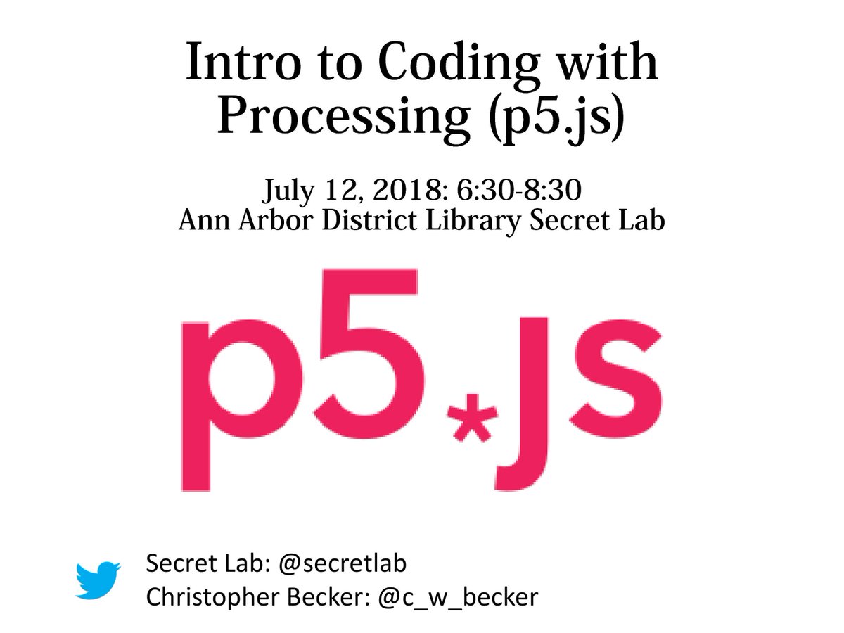 Tomorrow night (at 6:30) at <a href="/aadl/">Ann Arbor District Library</a> in the <a href="/secretlab/">Secret Lab</a> come and learn Processing (p5.js) <a href="/ProcessingOrg/">Processing</a> with us! It makes a great introduction to coding but there will be a lot for experienced coders to chew on too. Great for artists, designers, coders, and everyone else.