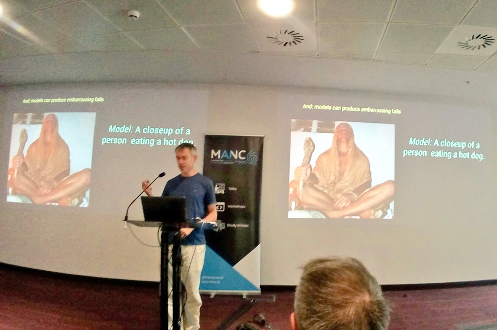 HOSTSalford's tweet image. Having the right #Objectivefunction is key for successful #AI for Dr. Kevin Murphy's initial #machinetranslation tests thought this image was 'A close up of a person eating a hot dog' 😂