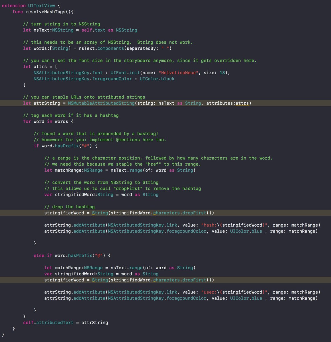 Here's how to handle “#” &amp; “@” hyperlinks w/ Swift! 🔥

Decided to write this up for #CodeOfTheDay as I'll be working with this in my own project, so it was good to have a refresher on how everything works.

Here's the code in detail :] - medium.com/@Archetapp/how…