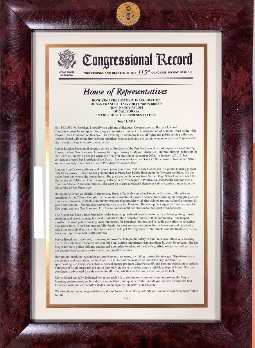 The page of the Congressional Record featuring Leader Pelosi’s speech congratulating Mayor Breed on her election.