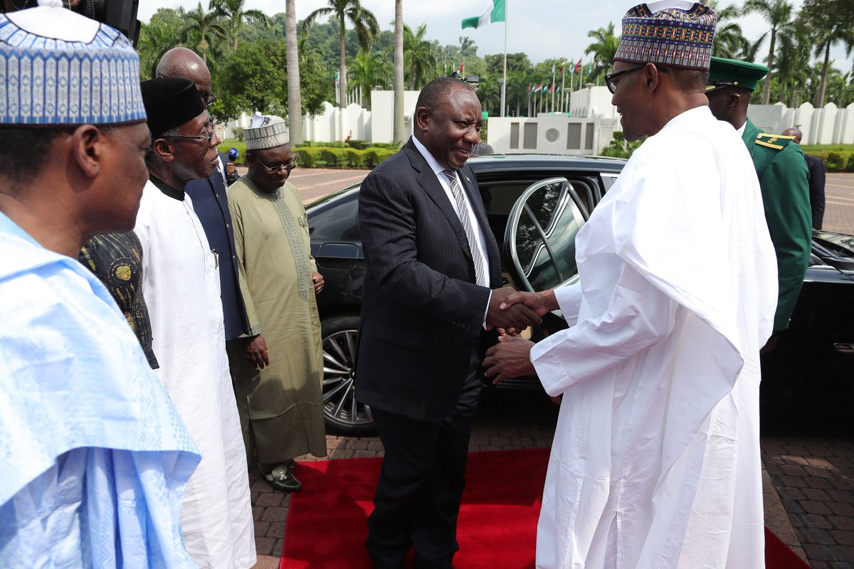 NigeriaGov's tweet photo. President @MBuhari received the President of South Africa, Mr Cyril Ramaphosa, today at the State House, Abuja. #AsoVillaToday https://t.co/2DkK0suFzi